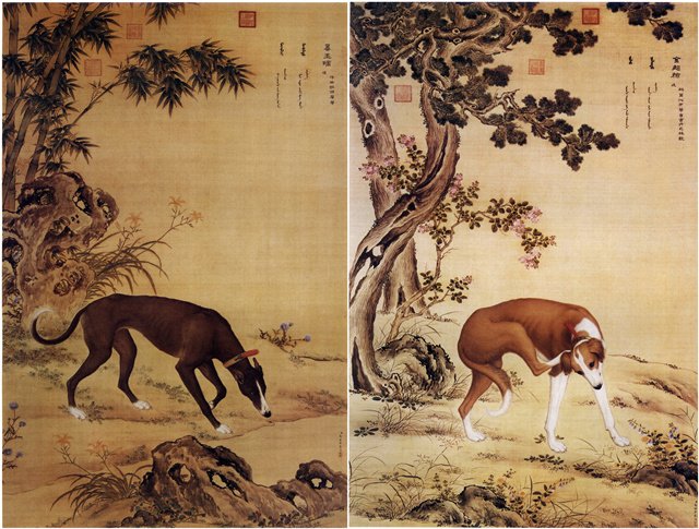 郎世宁,《十骏犬图》之墨玉璃、金翅猃 郎世宁,《十骏犬图》之墨玉璃、金翅猃